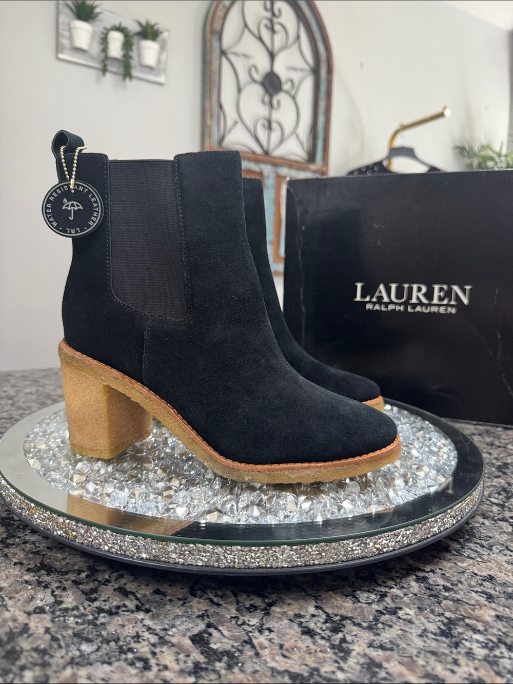 Lauren Ralph Lauren Black Suede Chelsea Block Heel Booties NE
